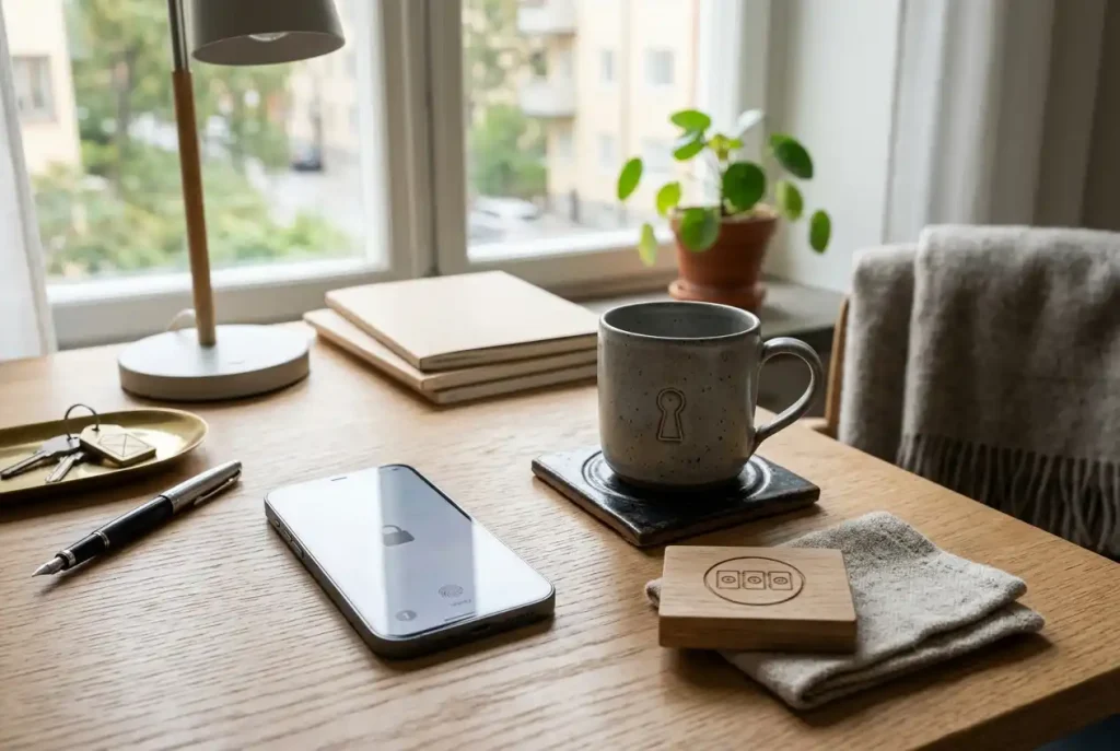 Smarttelefon bredvid anteckningsbok på ett svenskt skrivbord