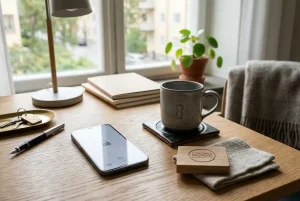 Smarttelefon bredvid anteckningsbok på ett svenskt skrivbord
