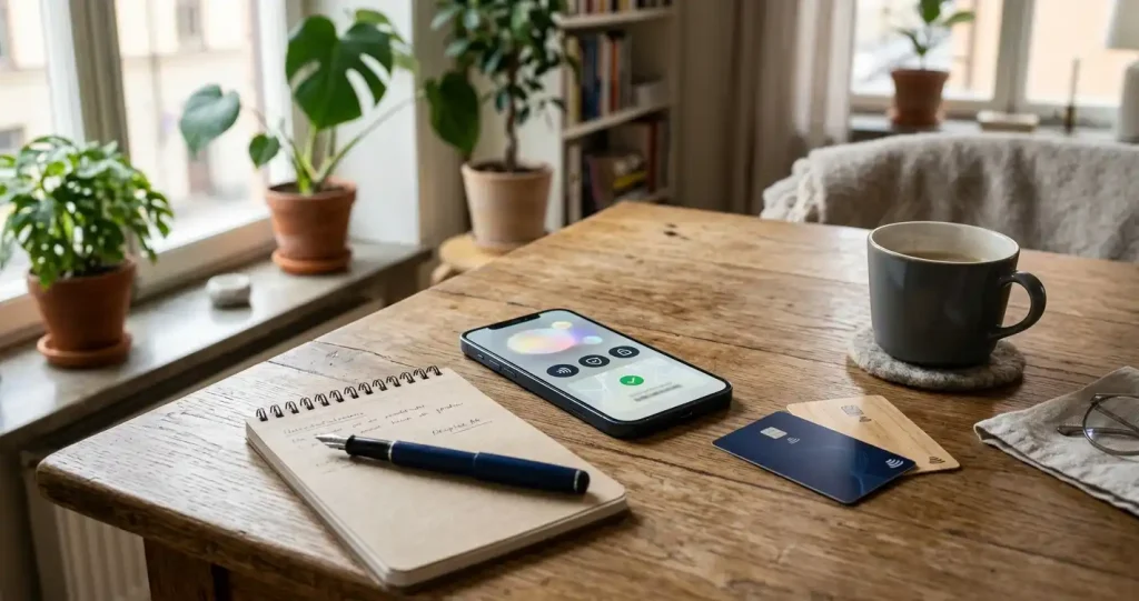 Mobiltelefon och kort på bord vid ett modernt betalningstillfälle