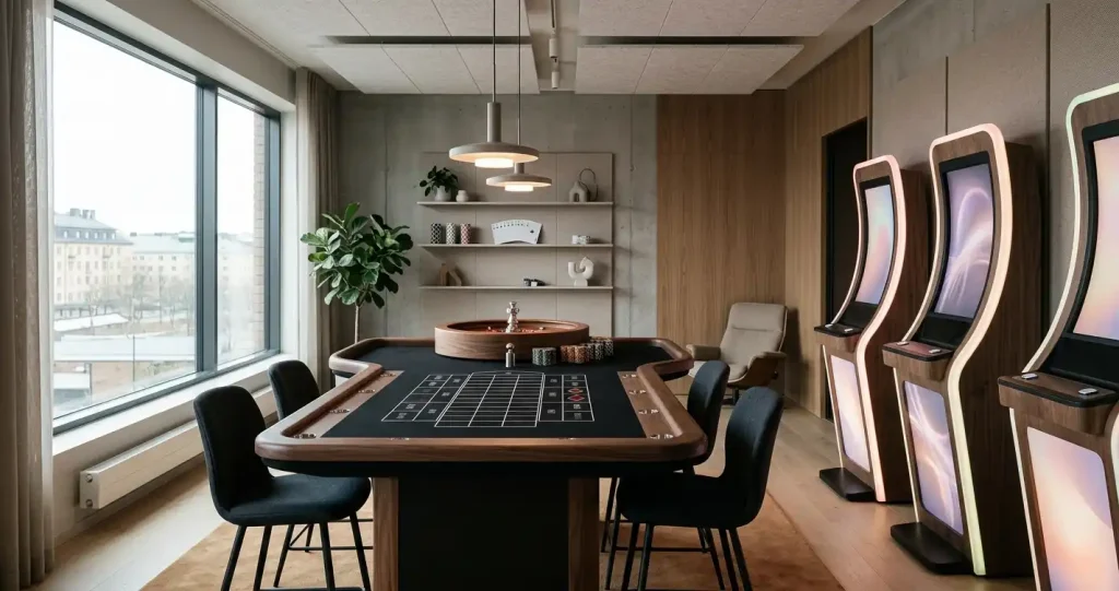Roulettebord och spelmarkörer i en stämningsfull spelstudio