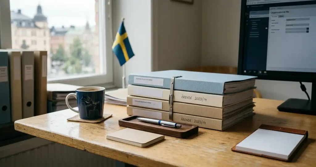 Dokumentmappar och en penna på ett ljust svenskt skrivbord